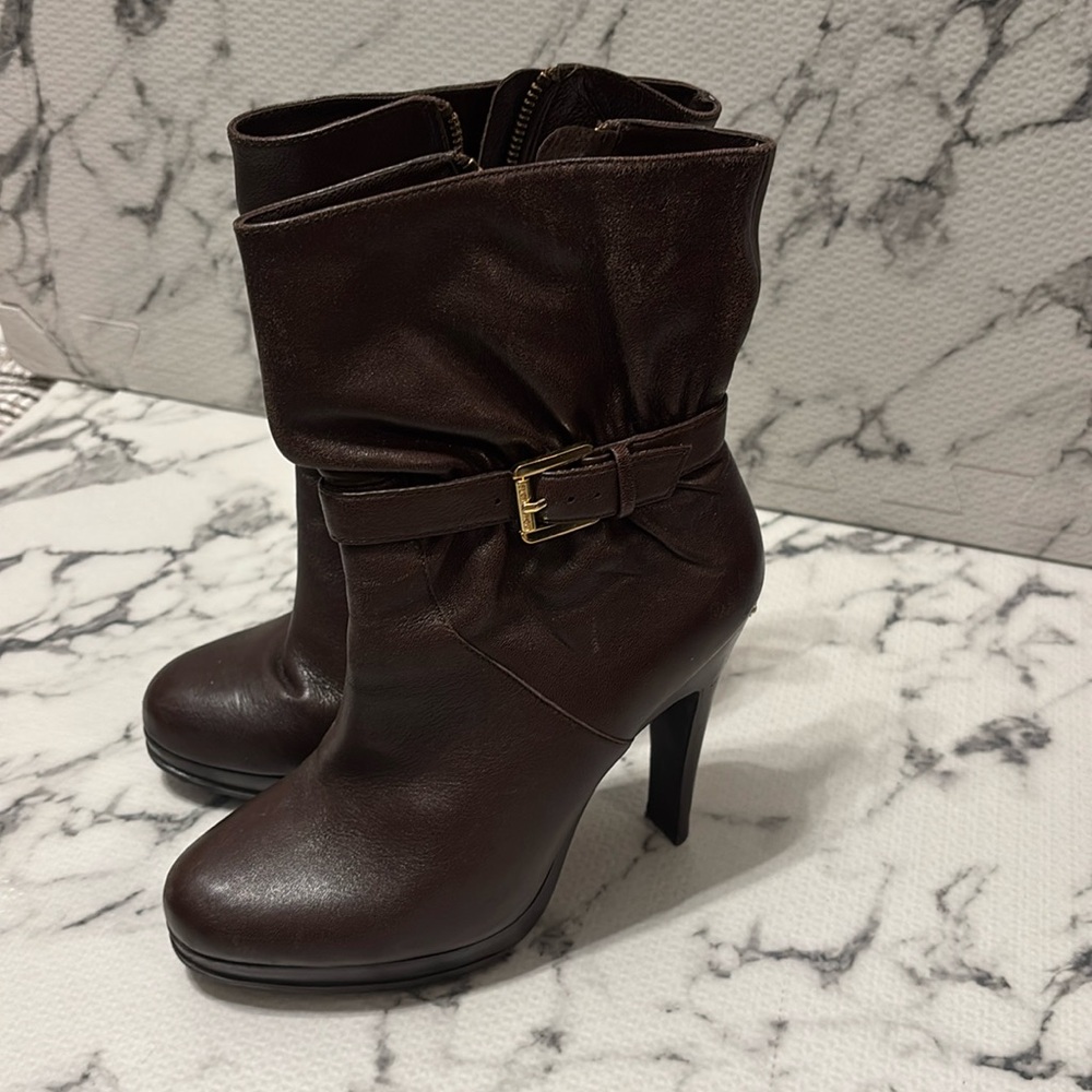 Michael Kors Leather High Heel Slouch Boots Straps Gold Buckles Zipper Brown 7